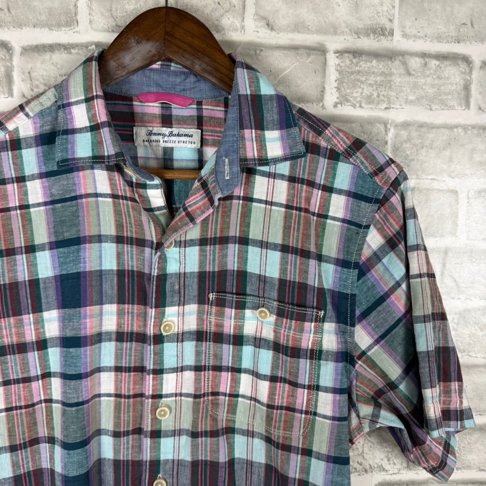 Tommy Bahama Barbados Breeze Stretch Plaid Shirt Mens Small Short Sleeve Linen